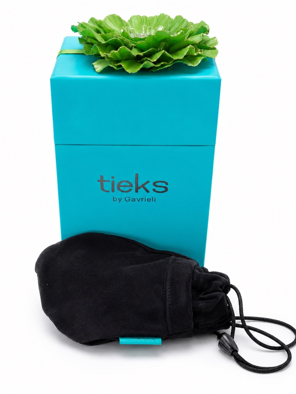 Tieks Black Suede Drawstring Pouch with Bright Teal Box